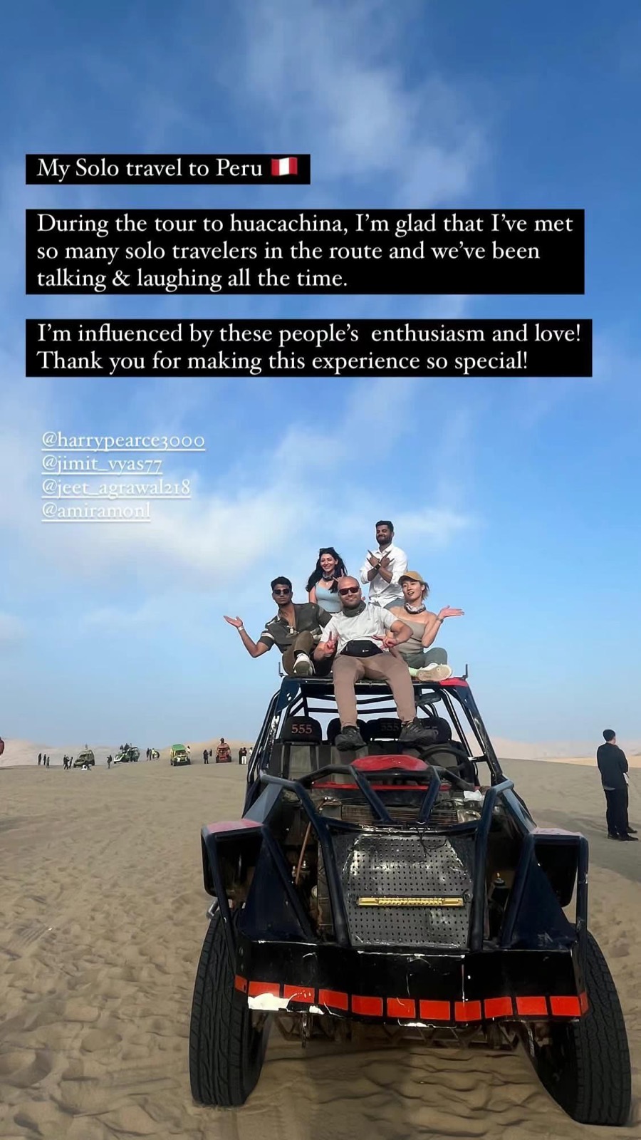 Solo travellers gathered on a dune buggy in Huacachina, Peru