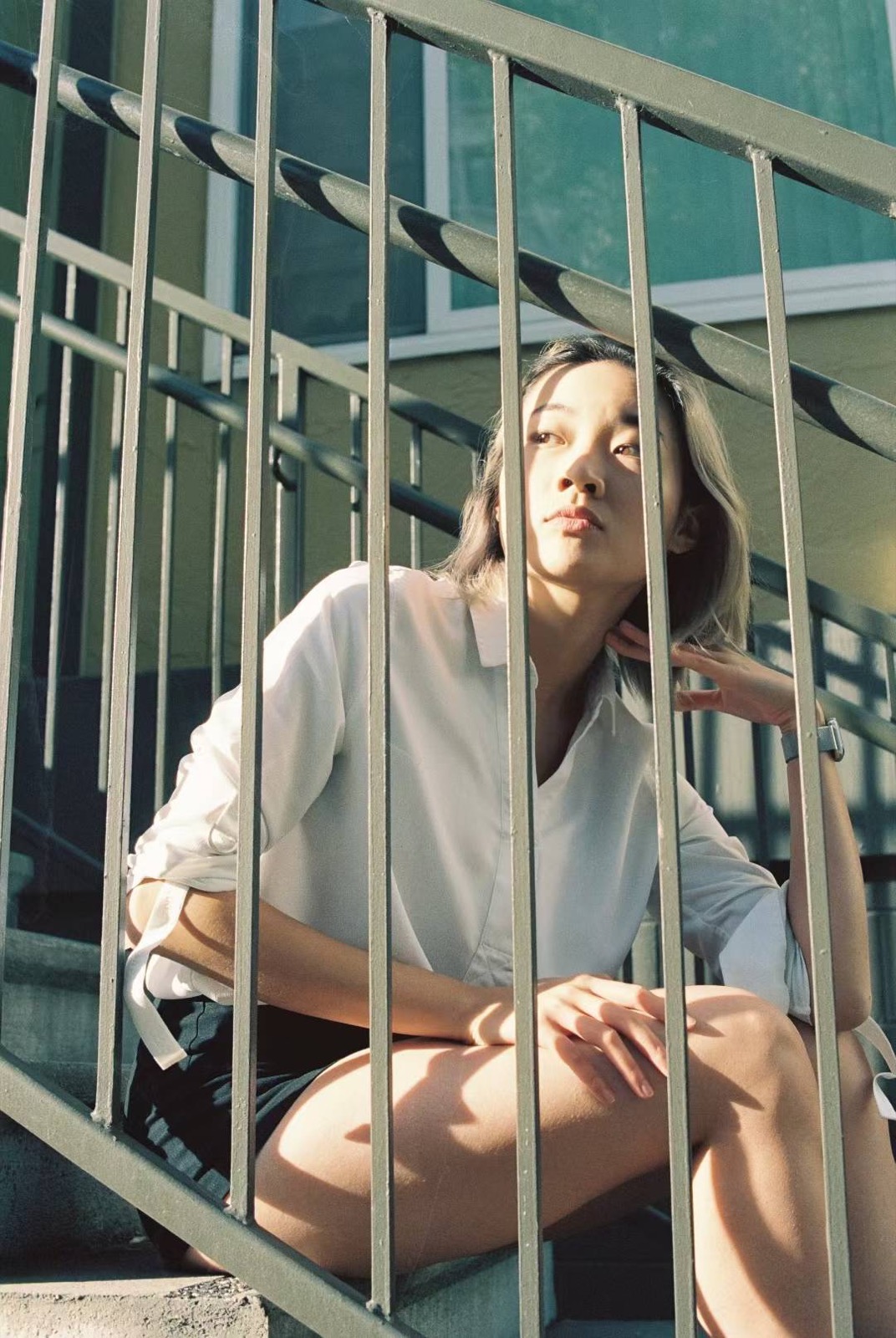 Fuma sitting in sunlight on a staircase